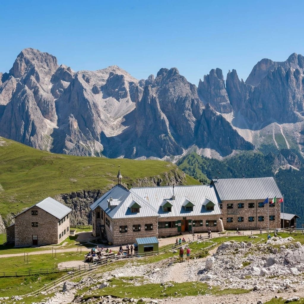 Rifugio Bolzano, a large stone mountain hut with multiple gabled wings and flags flying, hikers on its terrace and the gravel path, the jagged Odle-Puez peaks rising in the distance beyond the Sciliar tableland