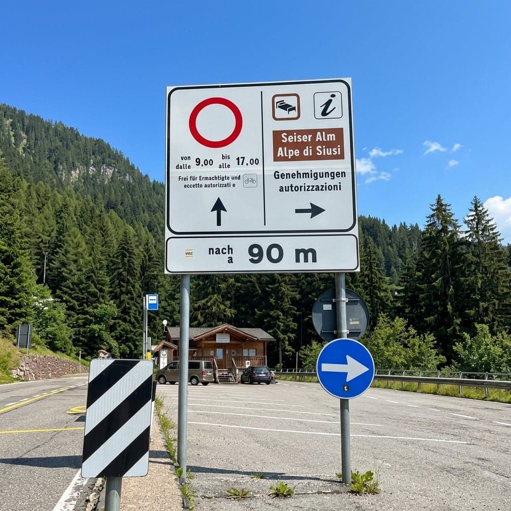 A bilingual German-Italian road sign on the way up to Alpe di Siusi stating the private-car closure from 9:00 to 17:00, with an exemption for bicycles, a "Seiser Alm - Alpe di Siusi" panel pointing to the permit office, and a wooden checkpoint cabin visible in the parking area behind it