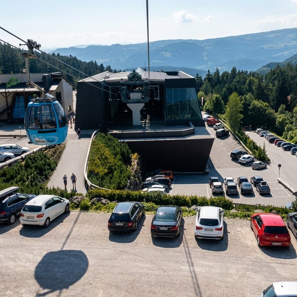The black glass-and-timber valley station of the Alpe di Siusi cable car in Siusi, a light-blue gondola cabin arriving at the platform, the cable line running up the wooded slope above a parking area