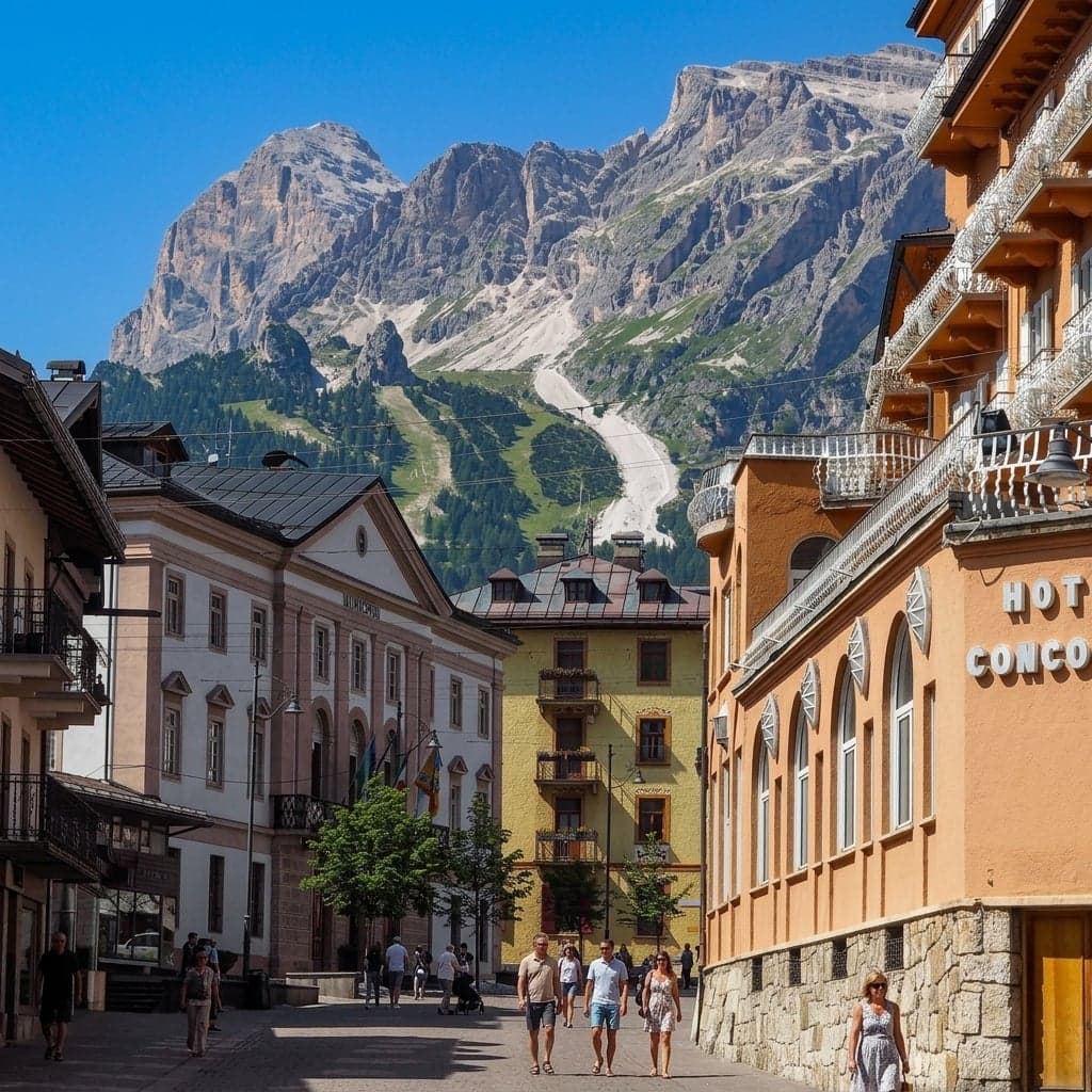 Cortina d'Ampezzo's pedestrian Corso Italia in summer, the Municipio and Hotel Concordia buildings lining the street with Dolomite peaks at the far end.