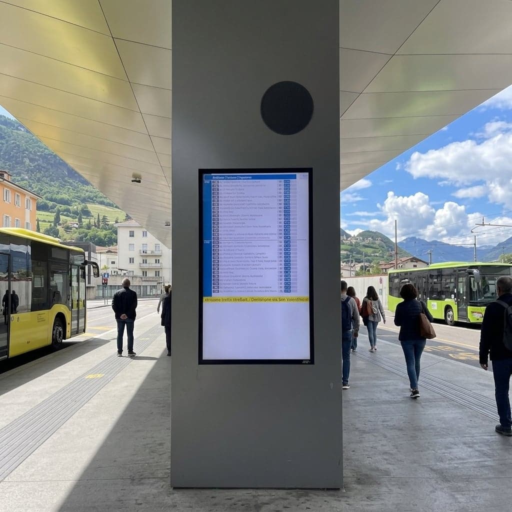 A covered bus station platform with a digital departure board listing routes and times, yellow and green regional buses at the curb, passengers walking past on the platform