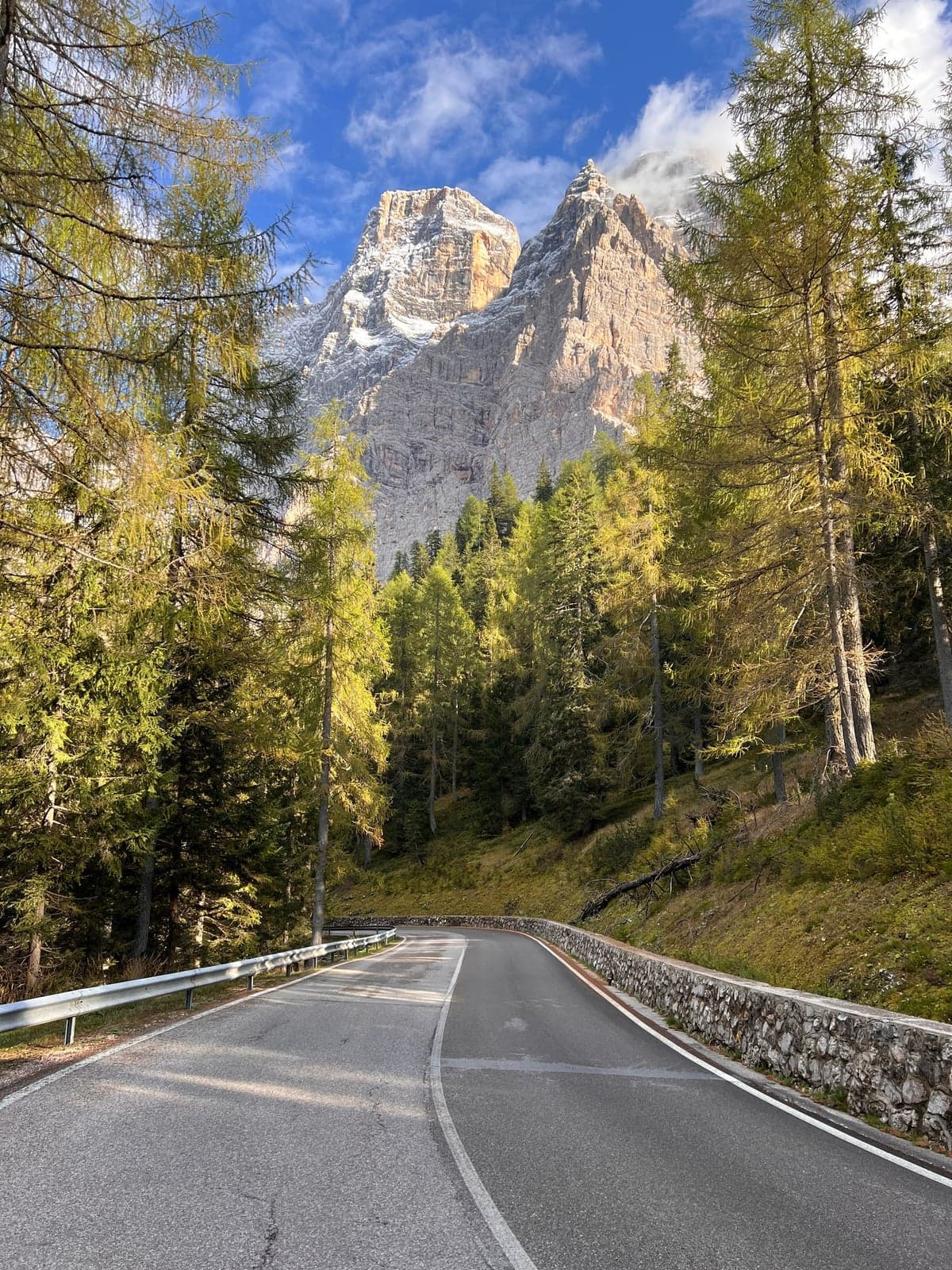 A mountain road lined with golden larch trees opens onto a dramatic, partly snow-capped Dolomite peak rising above the forest, late-day light