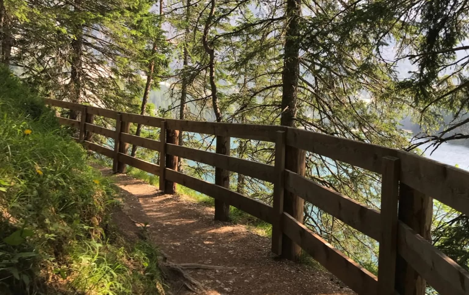 A wooden log fence follows a curving forest trail at Lago di Braies, pine and larch trunks framing glimpses of pale turquoise lake water through the branches