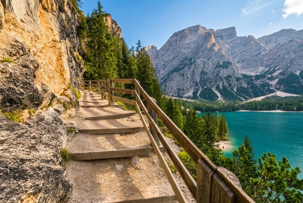 A narrow trail cut into the rock face on the eastern shore of Lago di Braies, wooden handrails running alongside stone steps that drop close to the turquoise water, with pine trees and gray Dolomite peaks rising above the far shore