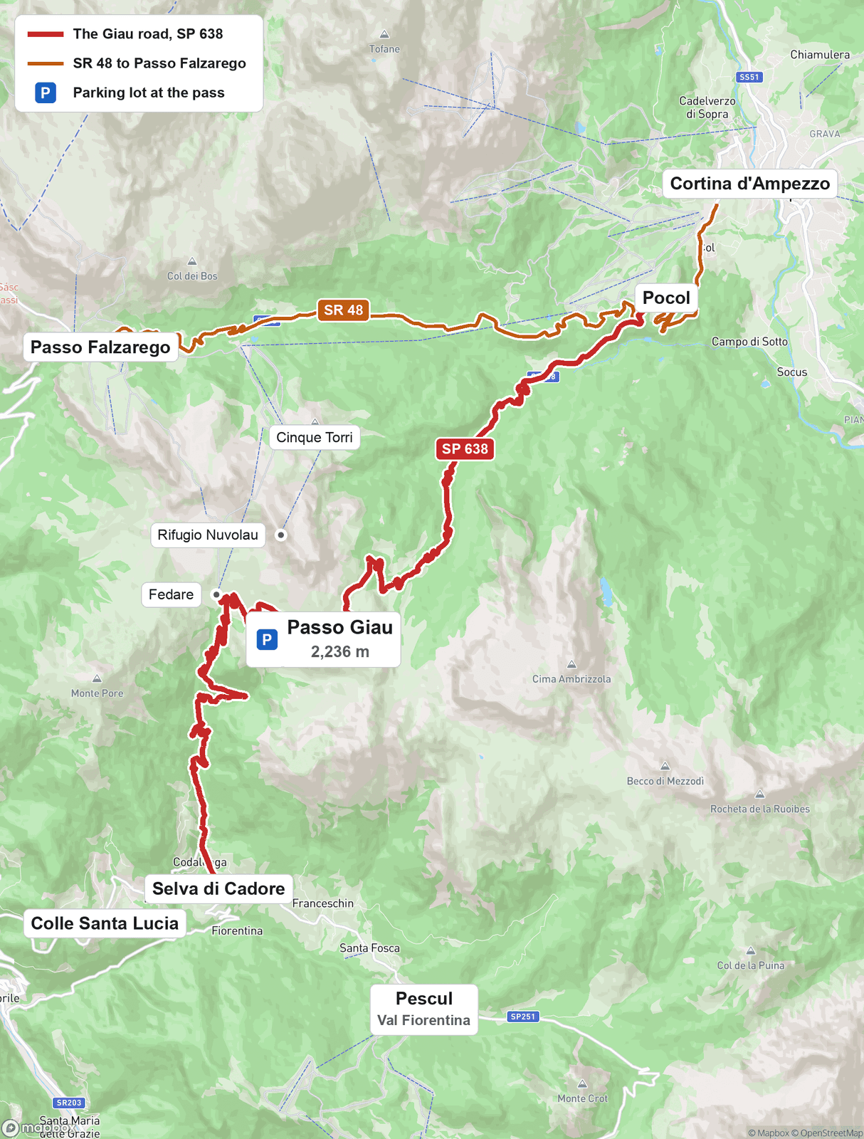 Map of the Giau road, the SP 638, climbing from Pocol above Cortina d'Ampezzo to the parking lot at Passo Giau, 2,236 m, and down to Selva di Cadore; from Pocol the SR 48 runs to Passo Falzarego, with Cinque Torri and Rifugio Nuvolau between the two roads