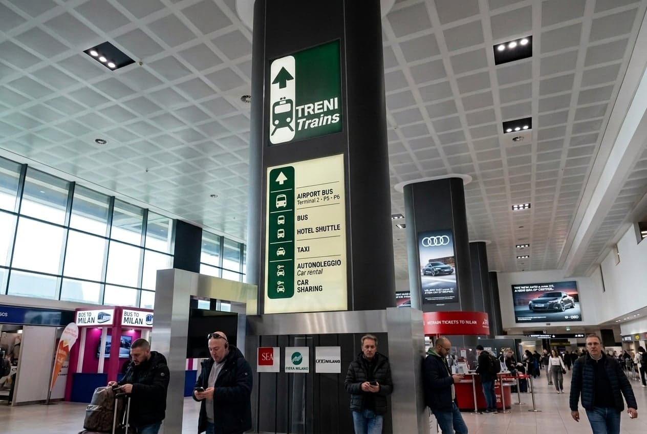 A wayfinding pillar in the Malpensa Terminal 1 arrivals hall pointing to trains, airport buses, hotel shuttles, taxis and car rental - the decision point every reader will stand at