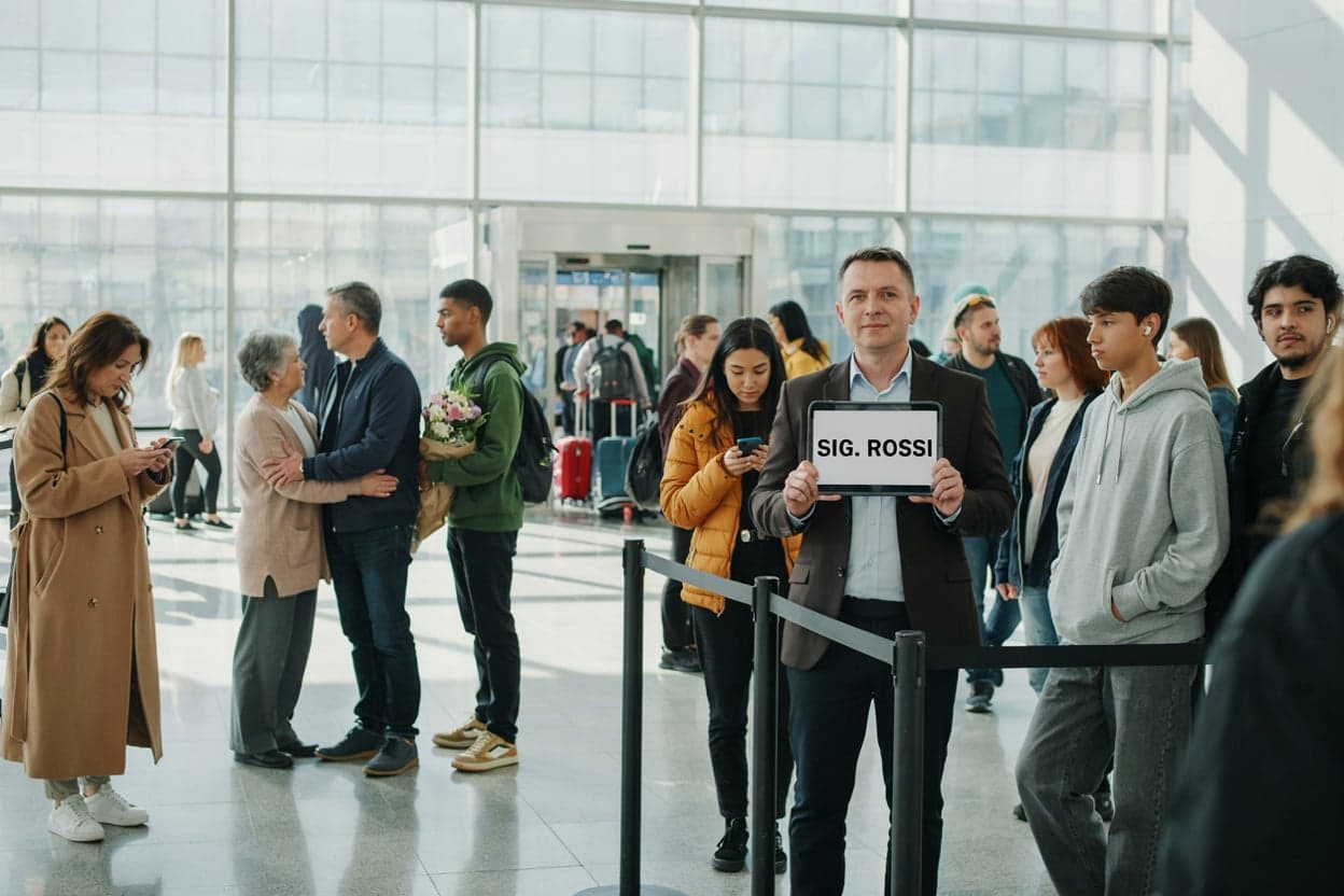 An NCC driver holding a tablet with a passenger's name at the arrivals barrier, standing among the ordinary mix of people waiting to meet other flights