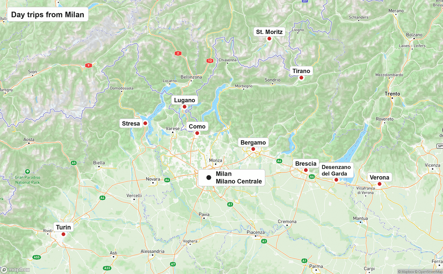 Map of northern Italy and southern Switzerland with Milan and Milano Centrale near the center. Turin lies to the southwest, Stresa on Lake Maggiore and Como and Lugano to the north, Bergamo, Brescia, Desenzano del Garda and Verona to the east, and Tirano and St. Moritz in the Alps to the northeast