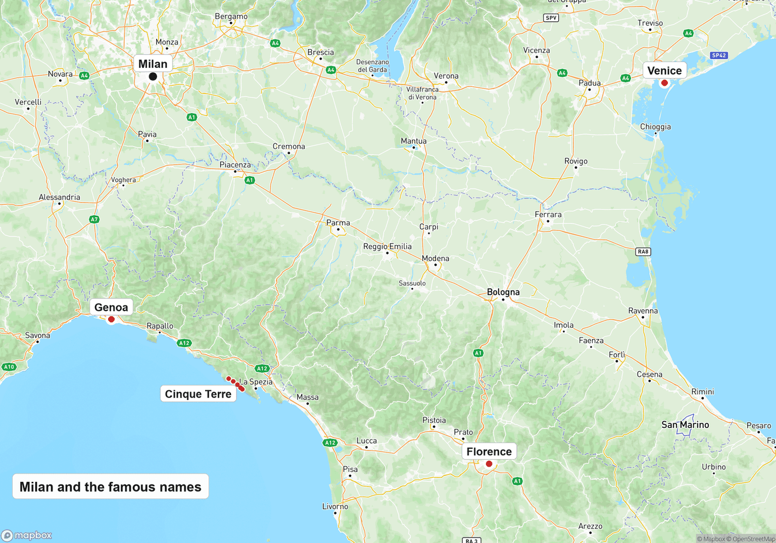 Map of northern Italy with Milan at the top left, Venice far to the east on its lagoon, Genoa south on the Ligurian coast, the five Cinque Terre villages farther down that coast near La Spezia, and Florence to the southeast