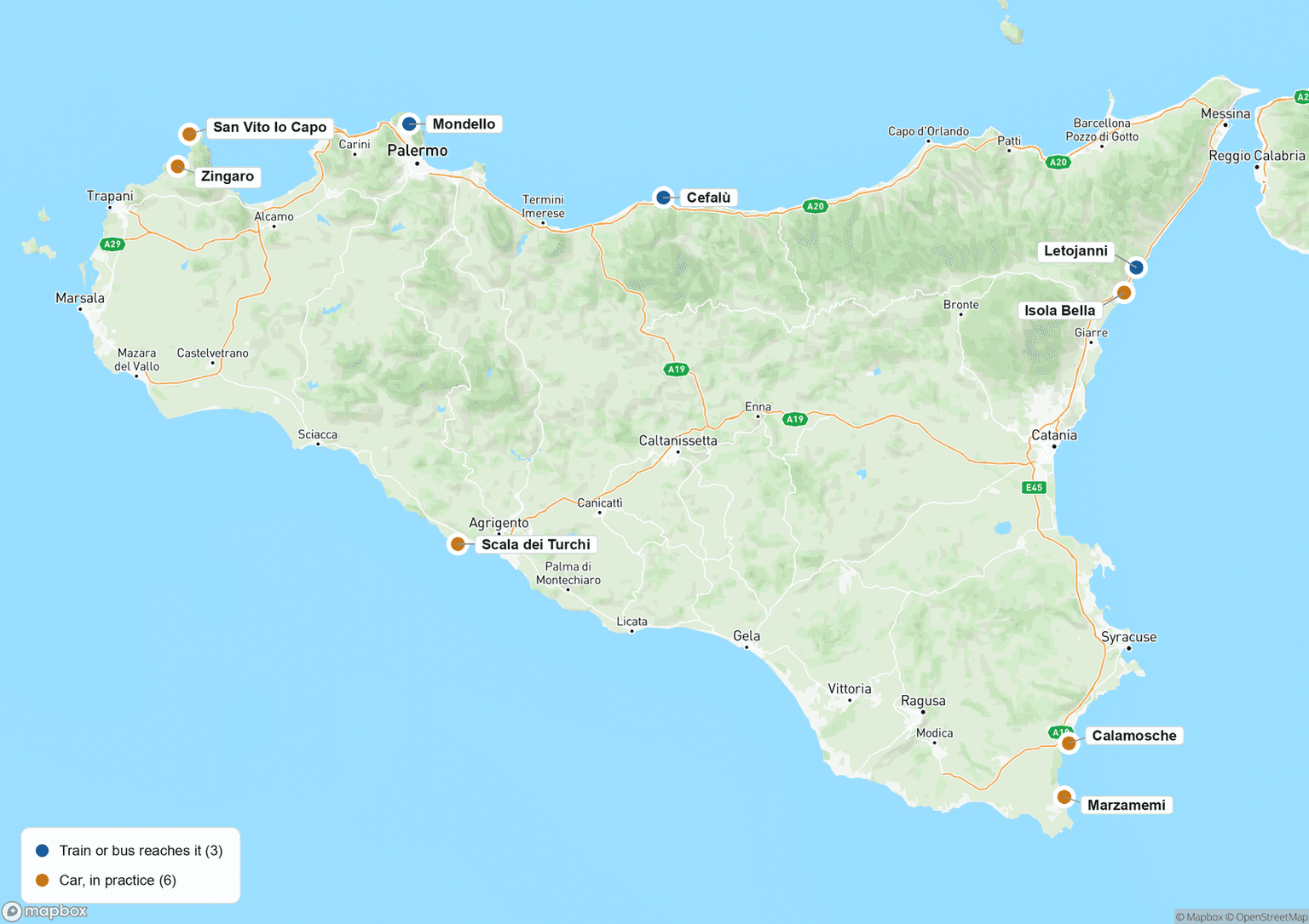 A map of Sicily marking nine beaches, color-coded by whether they are reachable by train or bus (Mondello, Cefalù, Letojanni) or need a car in practice (San Vito lo Capo, Zingaro, Isola Bella, Scala dei Turchi, Calamosche, Marzamemi)