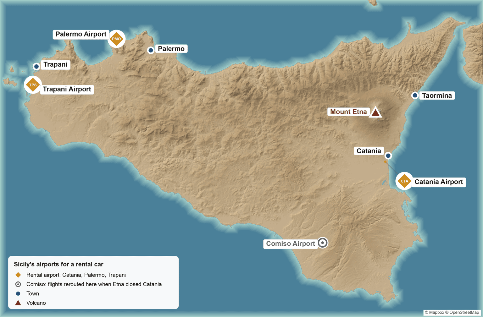 Relief map of Sicily marking the rental airports at Catania (CTA), Palermo (PMO) and Trapani (TPS), plus Comiso (CIY) as one of the airports flights were rerouted to when Etna closed Catania, with Mount Etna and the towns of Palermo, Trapani, Catania and Taormina labeled.