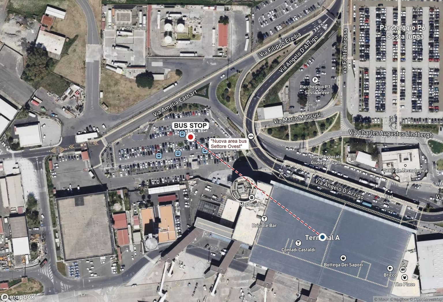 A satellite wayfinding map of Catania airport marking a red "BUS STOP" pin at the "Nuova area bus - Settore Ovest" stop in the parking area, with a dashed walking route leading to a "Terminal A" marker at the terminal building.