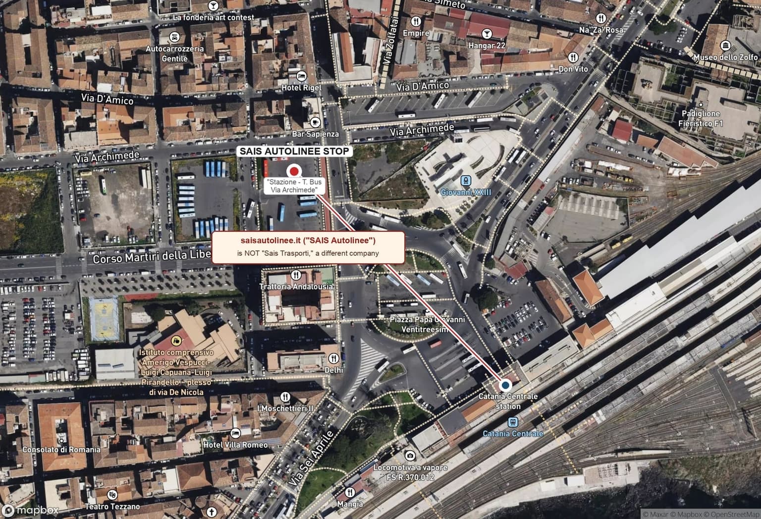 A satellite wayfinding map of central Catania marking the SAIS Autolinee stop (labeled "Stazione - T. Bus Via Archimede") a short walk from Catania Centrale station, with an on-map note warning that saisautolinee.it ("SAIS Autolinee") is not "Sais Trasporti," a different company.