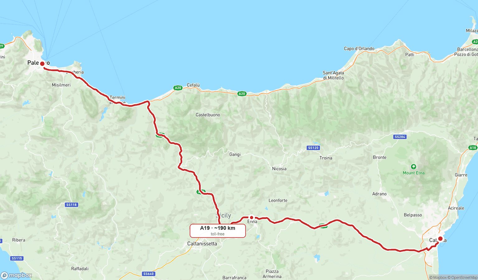 A road map of Sicily with the A19 highway route from Catania to Palermo highlighted in red, running through the Enna interchange, alongside real town labels (Termini Imerese, Cefalù, Castelbuono, Caltanissetta, Enna, Mount Etna) and a plate reading "A19 ~190 km, toll-free."