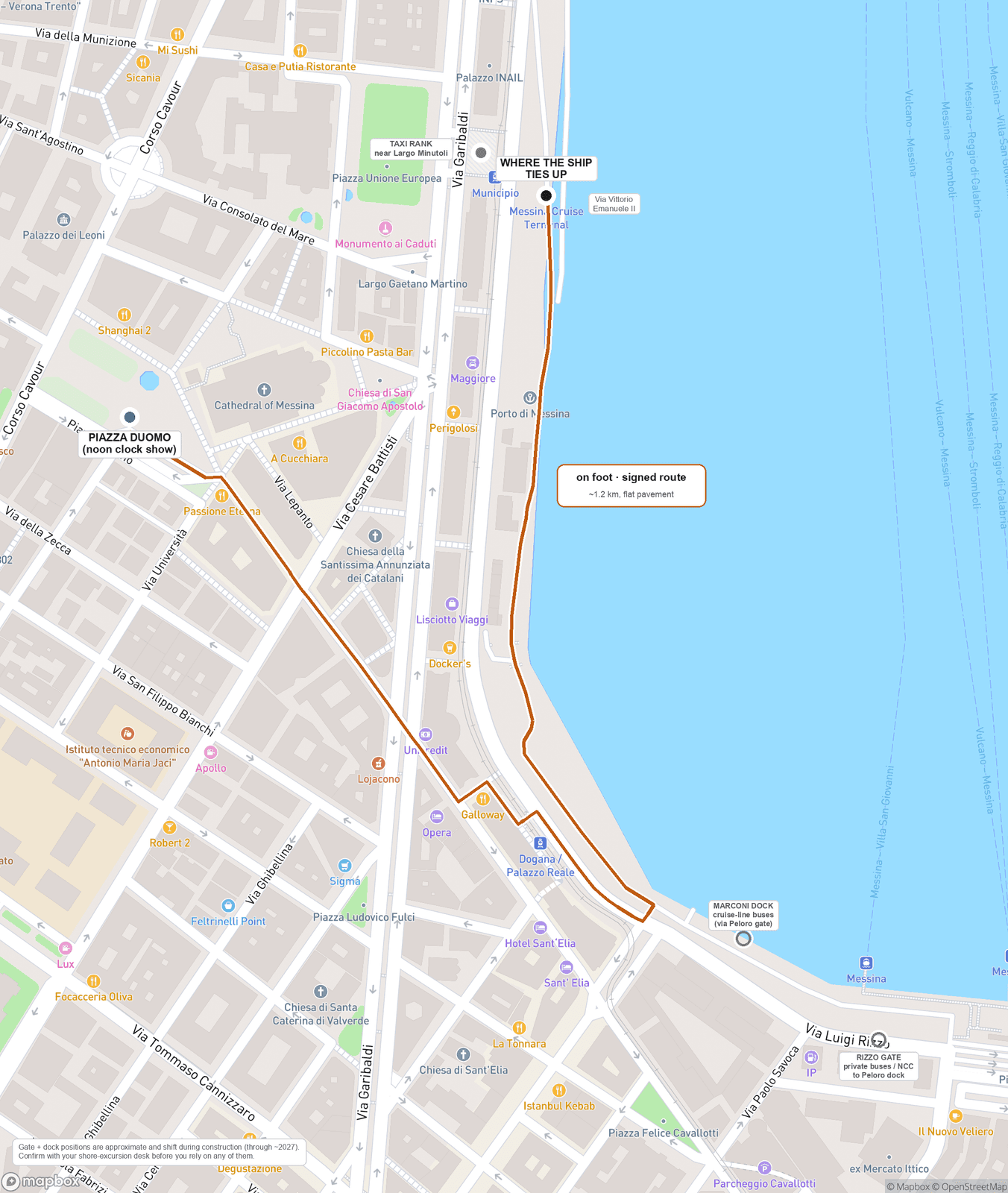 Locator map of Messina's cruise berth on Via Vittorio Emanuele II, the walking route to Piazza Duomo, and the rerouted Marconi dock and Rizzo gate used during the port's construction
