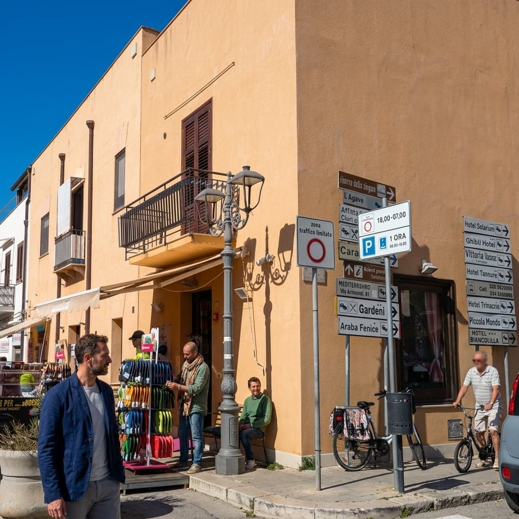 A red-circle "zona a traffico limitato" restricted-zone sign and a blue hourly-parking sign mounted on a post at a sunlit street corner, with pedestrians and hotel-direction signs nearby.