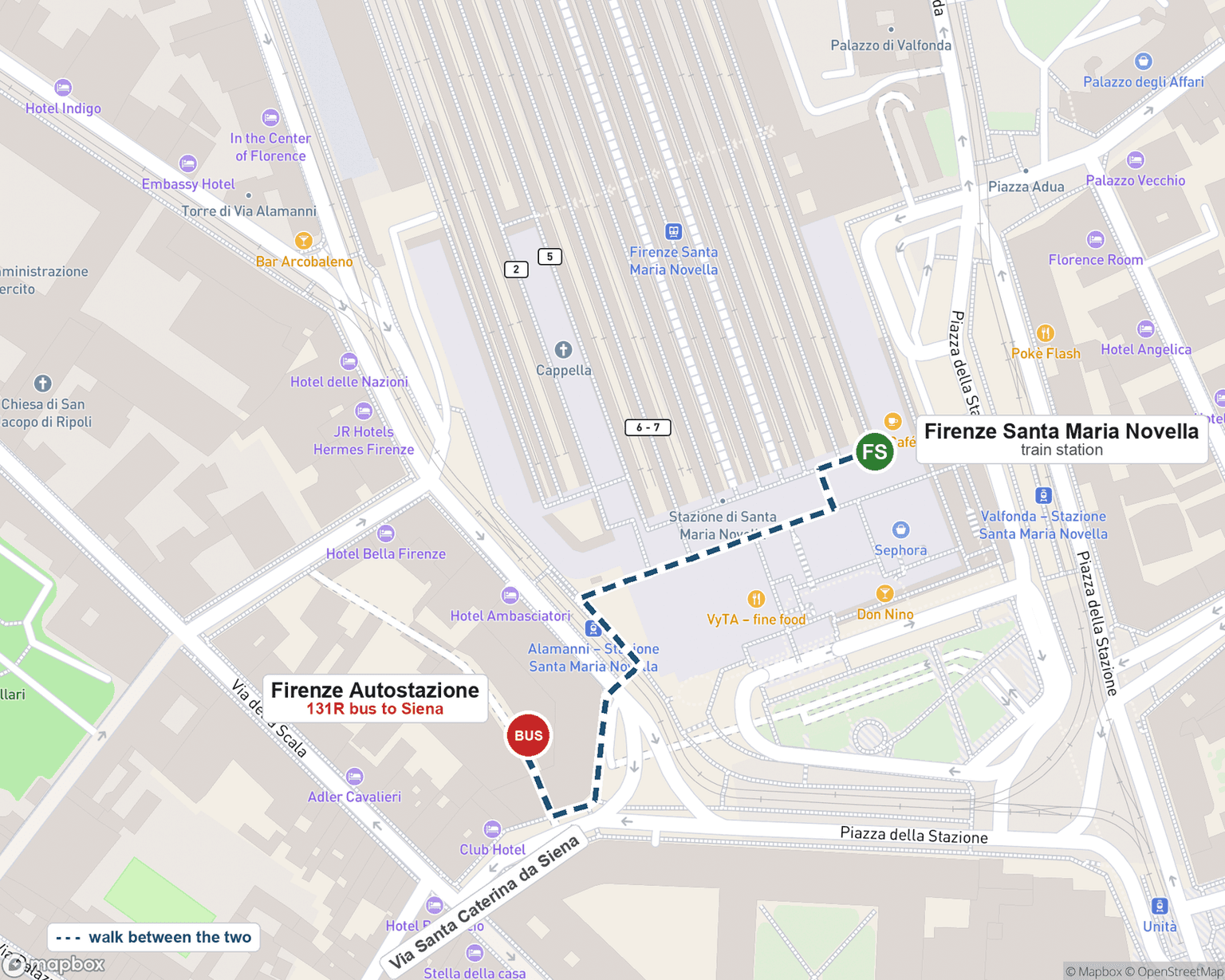 Street map of the area around Florence's Santa Maria Novella train station, with Firenze Autostazione, where the 131R bus to Siena leaves, marked near Via Santa Caterina da Siena and a dashed walking line between the two.