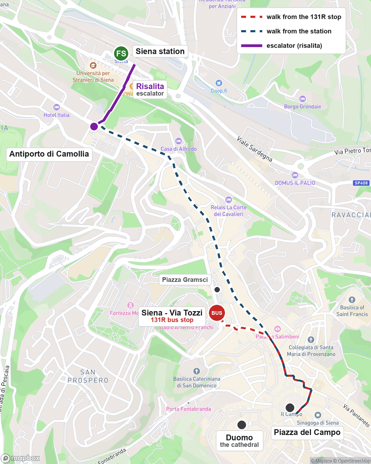 Map of Siena from the station to the center. A purple line shows the escalator, the risalita, climbing from Siena station to the Antiporto di Camollia, and a dashed walking line leads from there through the old town to Piazza del Campo. The 131R bus stop on Via Tozzi, beside Piazza Gramsci, joins the same walk by a shorter dashed line, and the Duomo is marked near the Campo.